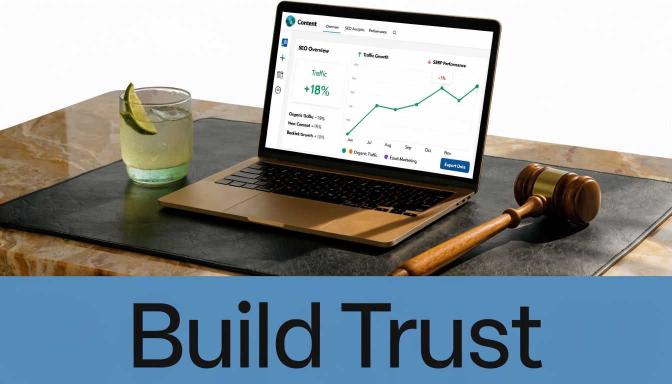 A laptop displaying SEO analytics next to a wooden gavel and a glass of drink on a desk.