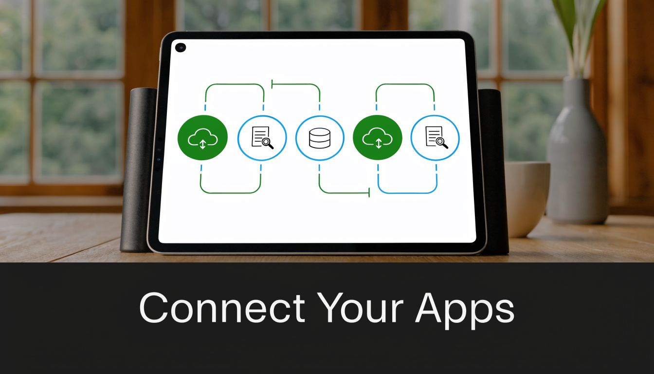 A digital tablet displaying an app connection workflow diagram with cloud and document icons on a desk.