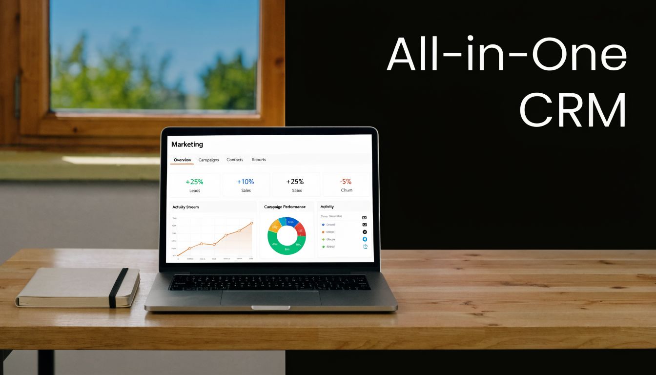 A laptop on a wooden desk displaying marketing analytics dashboard for business management and automation purposes.