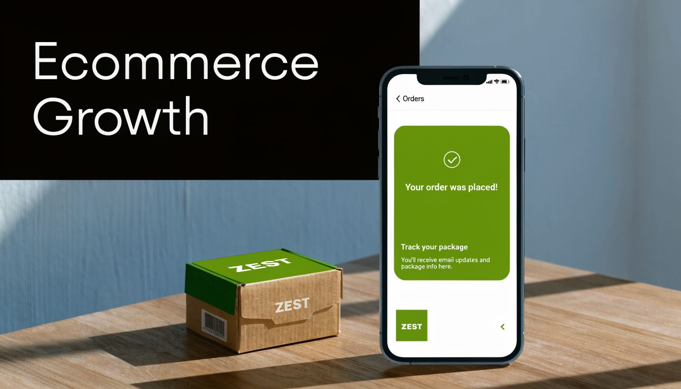A smartphone displaying an order confirmation screen next to a small brown ZEST branded package on a table.