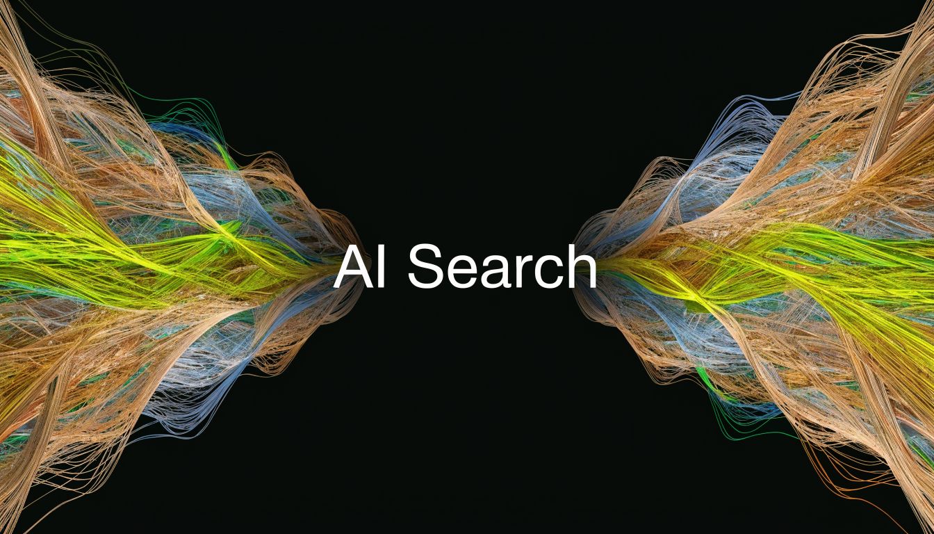 A digital visualization of abstract colorful threads converging towards the central text AI Search on black background.