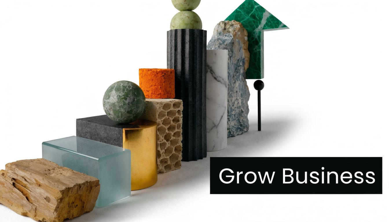 An abstract art composition featuring various textured materials and shapes representing business growth and development strategies.
