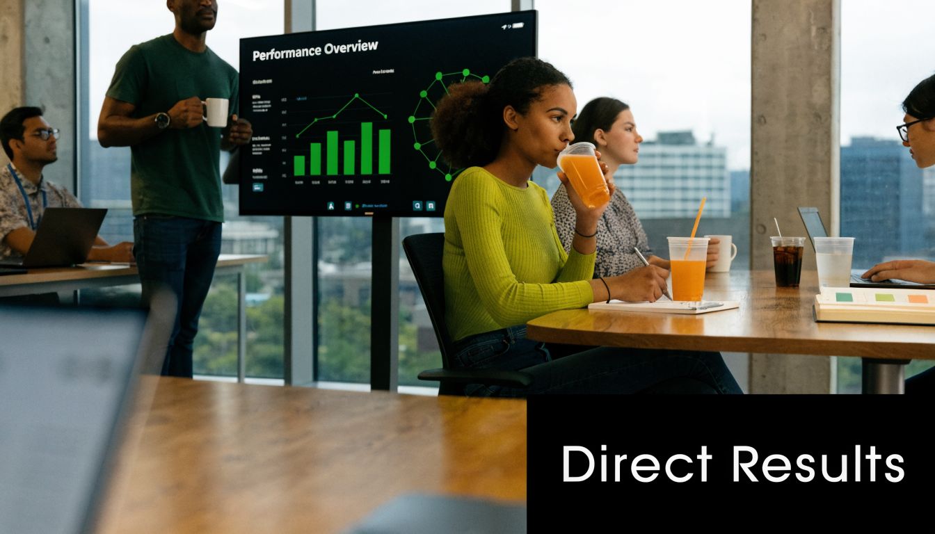 A diverse group of professionals working in an office with a digital performance overview screen.