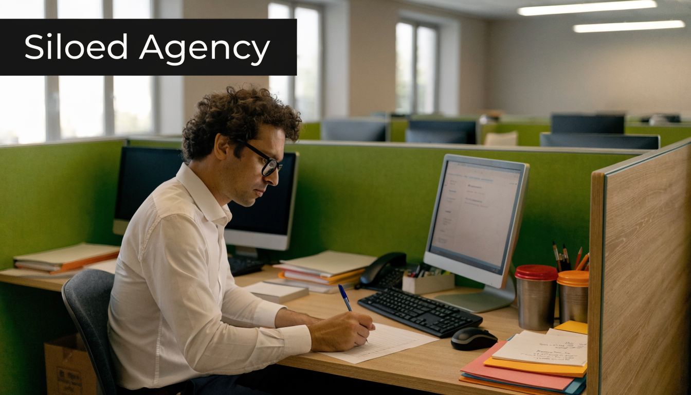 A professional man with curly hair writing at his office desk in a cubicle setting.