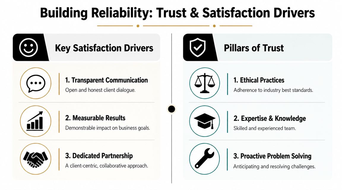 A professional infographic outlining the key satisfaction drivers and pillars of trust for business reliability.