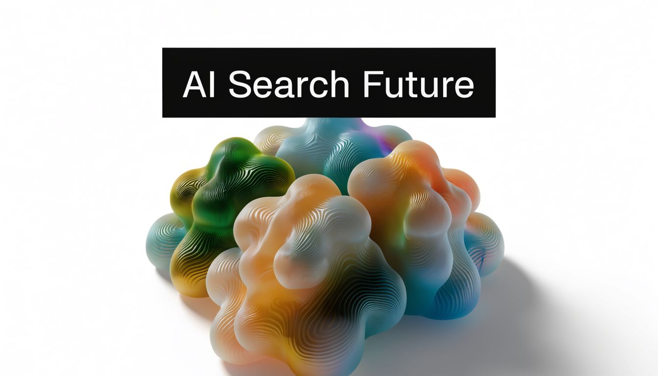 A cluster of colorful 3D abstract shapes with a lined texture against a white background.