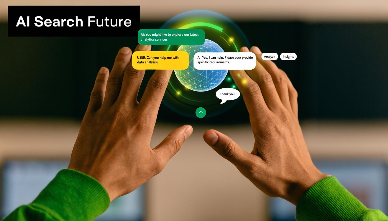 A person using hand gestures to interact with a futuristic digital AI search interface displaying data analytics.