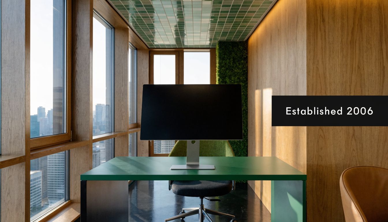 A sleek modern office workspace with a minimalist green desk, computer monitor, and city skyline view.
