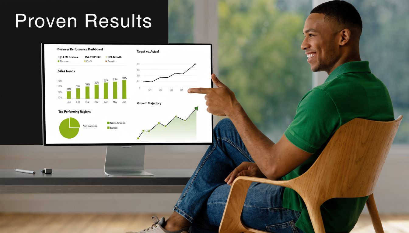 A man in a green shirt pointing at a monitor displaying business performance charts and graphs.
