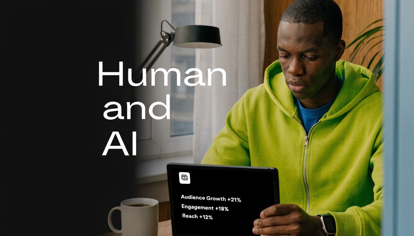 A young man in a neon green hoodie looks at digital performance metrics on a tablet device.
