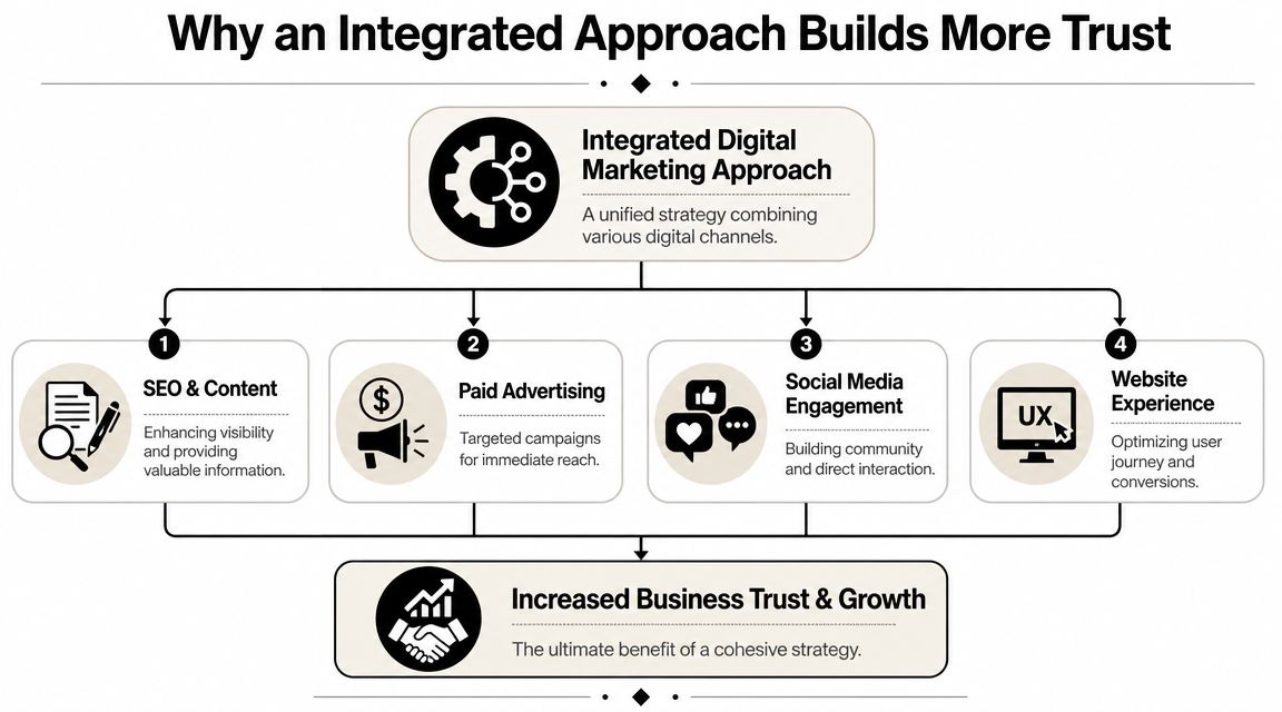 A diagram illustrating how an integrated digital marketing strategy builds business trust and fosters growth.