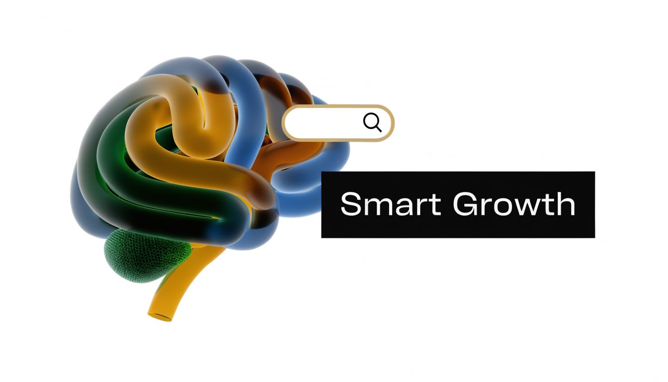 A 3D stylized human brain illustration next to a search bar and the text Smart Growth.