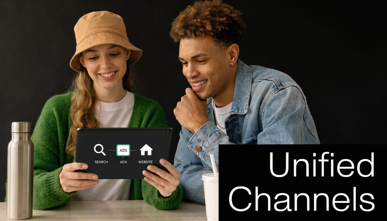 A young man and woman smiling while looking at a digital tablet displaying unified marketing channel icons.