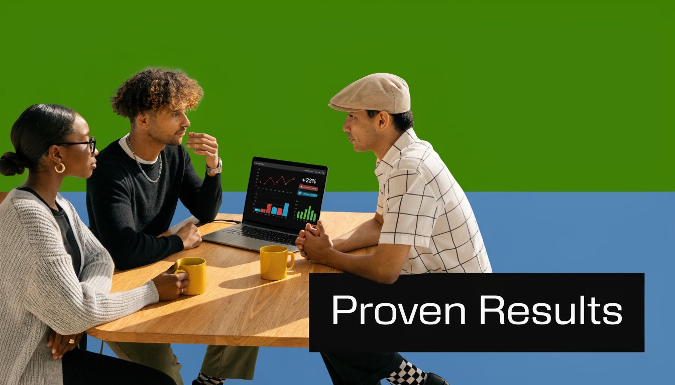 Three business professionals sit at a wooden table discussing marketing data displayed on a laptop screen.