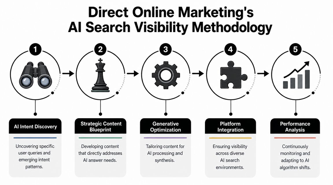 A five-step process diagram illustrating the AI search visibility methodology for direct online marketing.