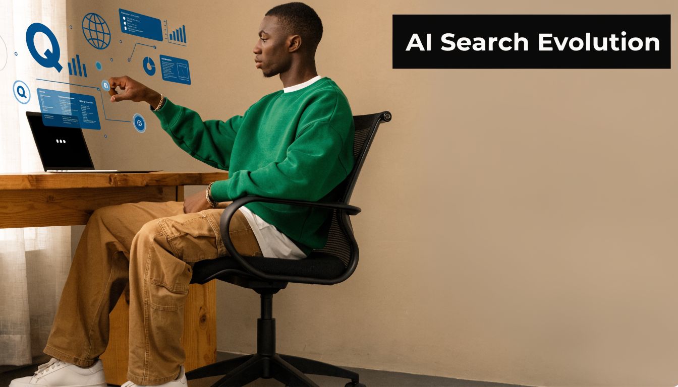 A young man sitting at a desk interacting with digital holographic AI search interface and icons.