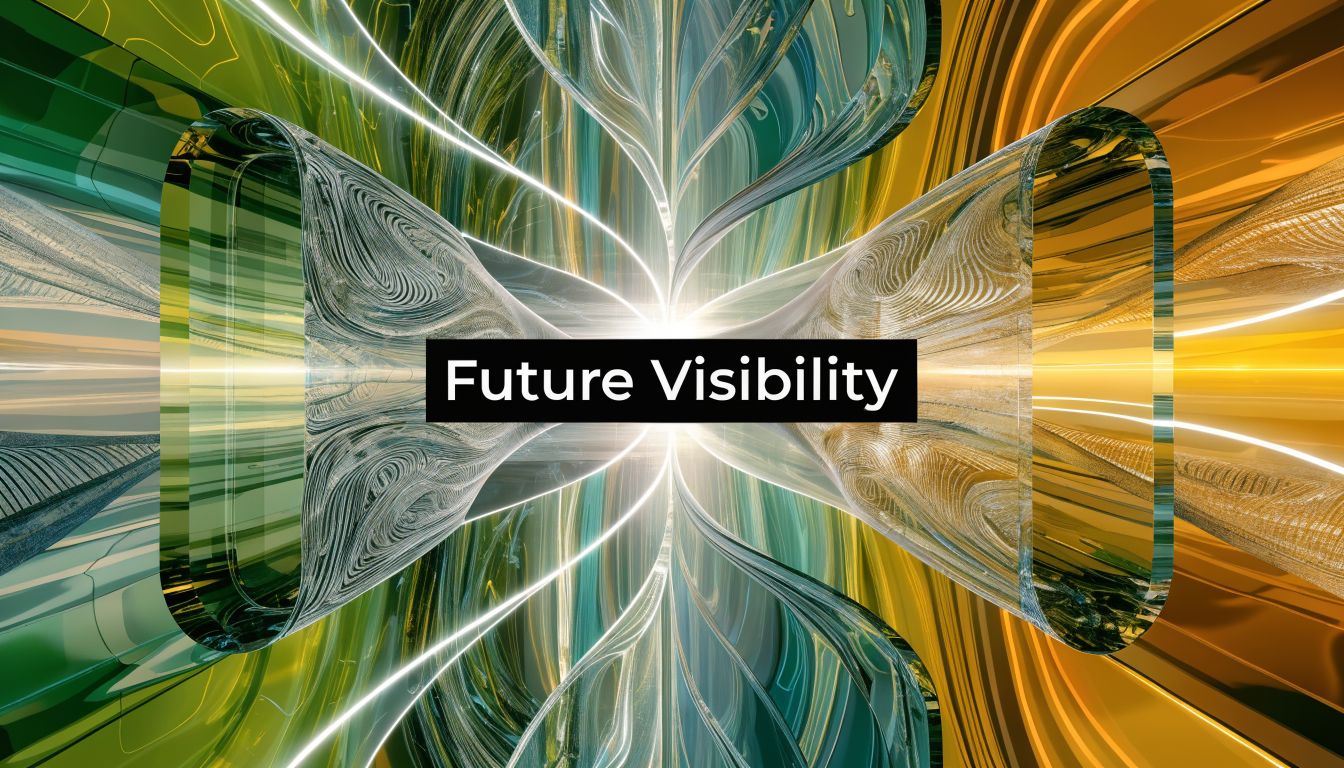 A digital abstract representation of future vision with swirling geometric patterns in emerald green and gold.