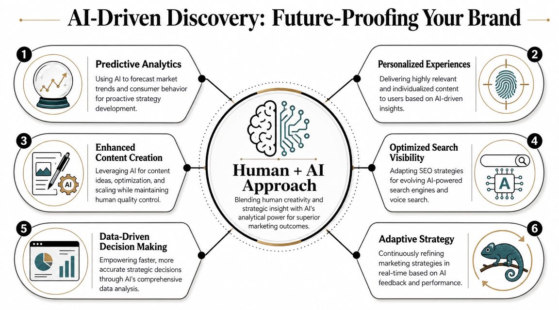 A diagram illustrating a human plus AI approach for future-proofing brands through various marketing strategies.