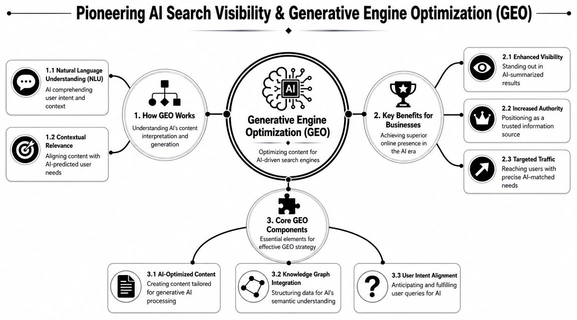 A diagram explaining Generative Engine Optimization for AI search, detailing how it works, benefits, and components.
