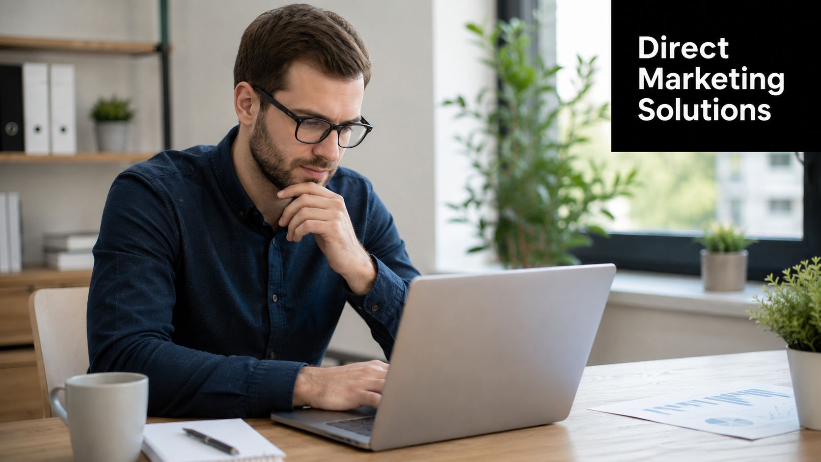 A professional man with glasses working on his laptop in a bright office environment.