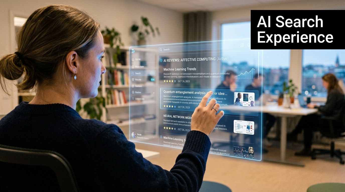 A woman interacting with an advanced holographic augmented reality interface for AI-powered research and data search.