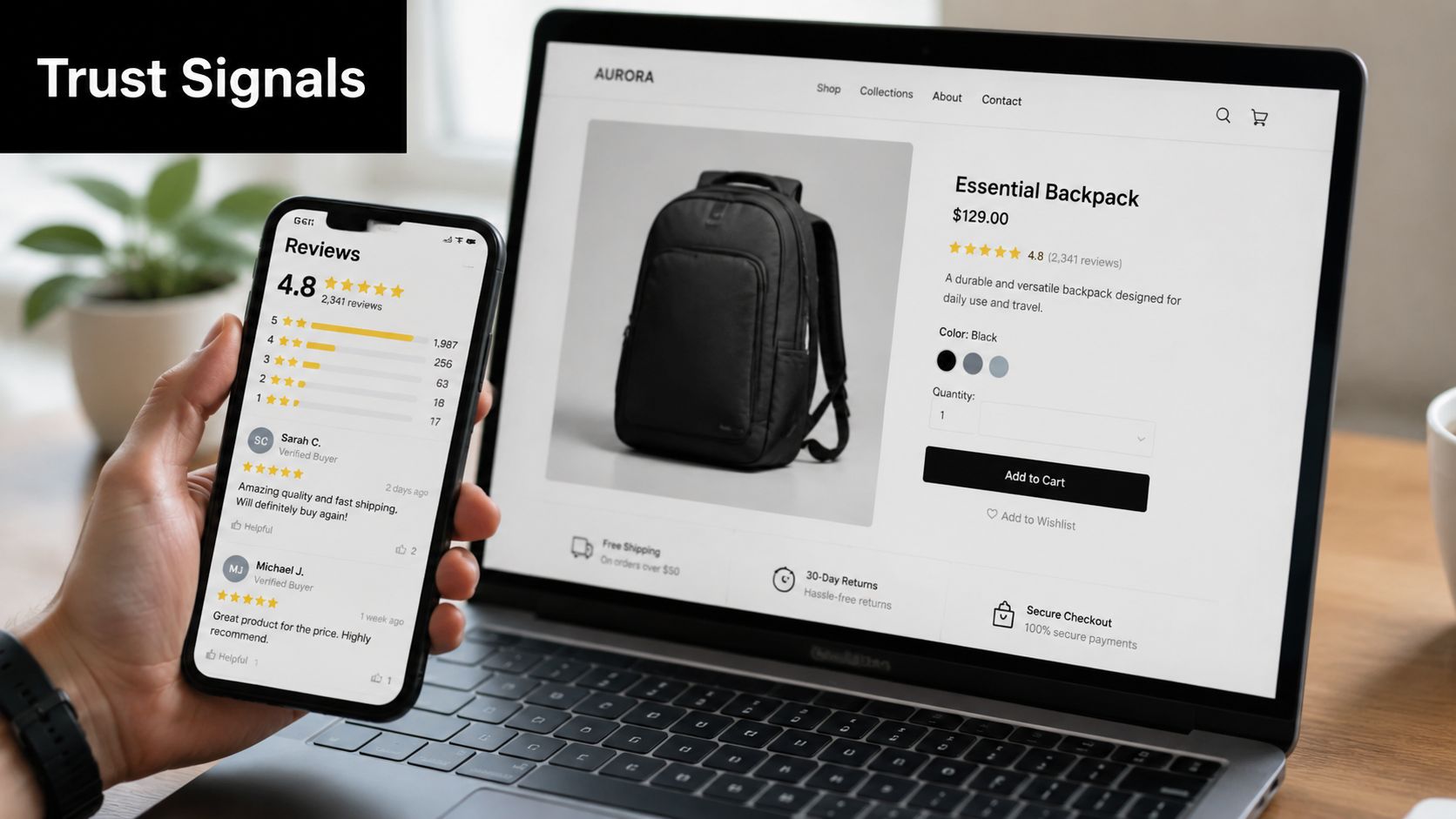 A laptop and smartphone displaying an e-commerce product page with high user review ratings and trust signals.