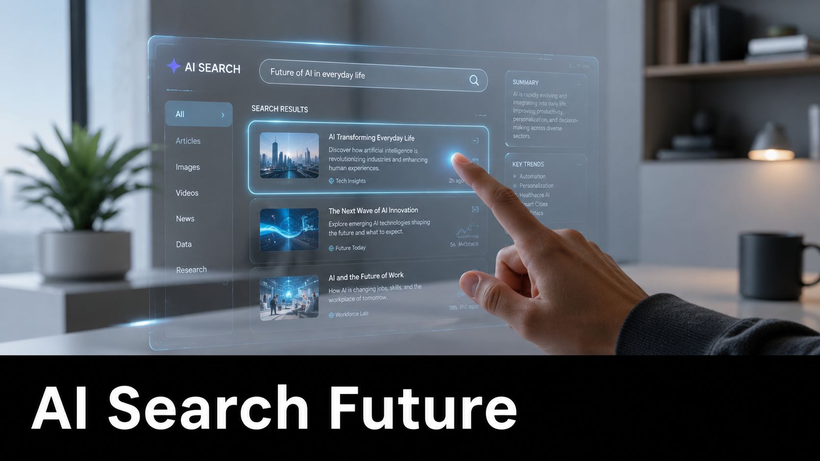 A person interacting with a futuristic holographic AI search interface on a desk in a modern room.