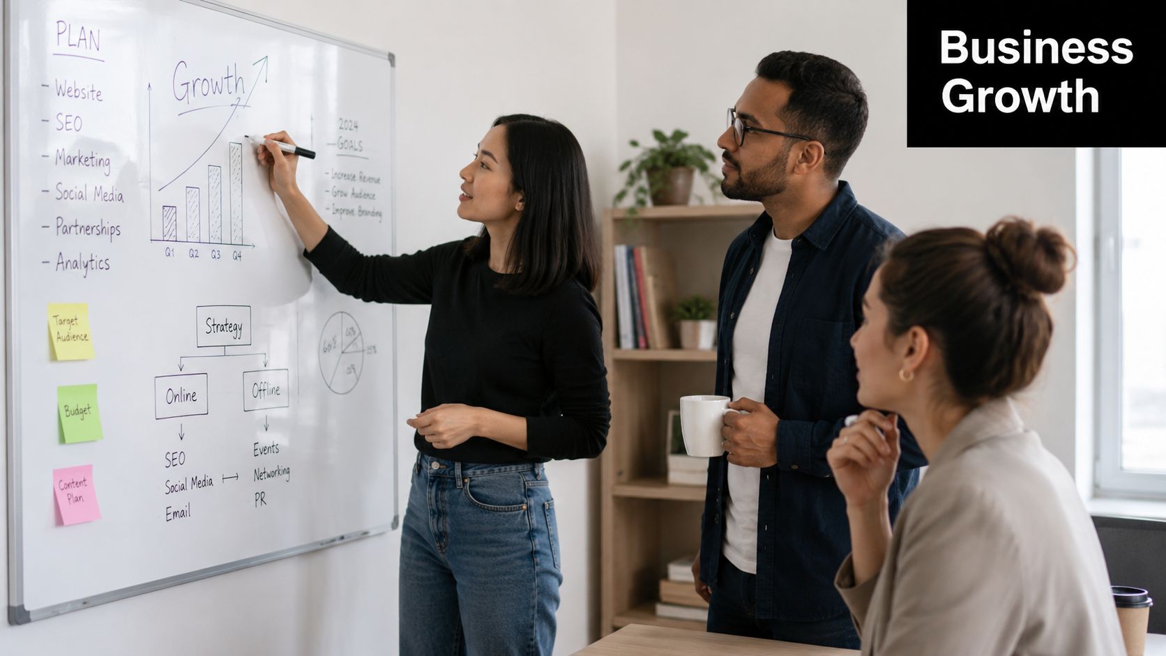 A diverse group of business professionals collaborating on a growth strategy plan written on a whiteboard.