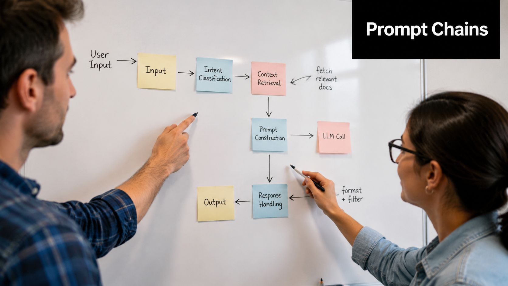 A professional team collaborating on a whiteboard diagram illustrating the workflow of LLM prompt chains.