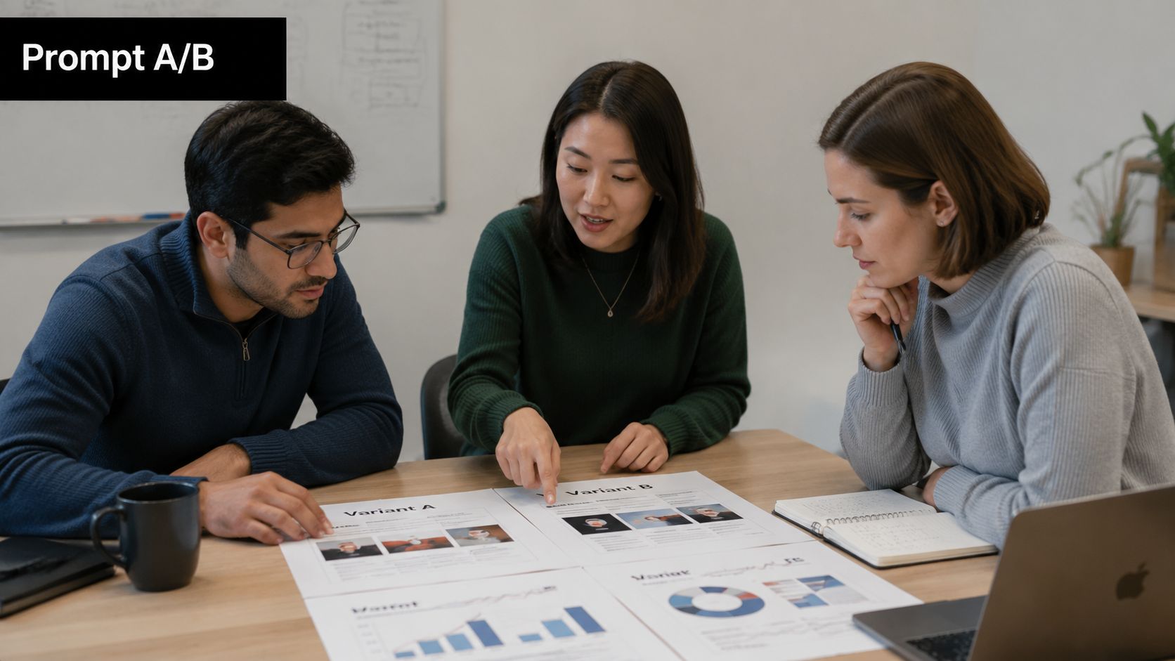 A diverse team collaborating in an office while reviewing two design variants of a digital project.