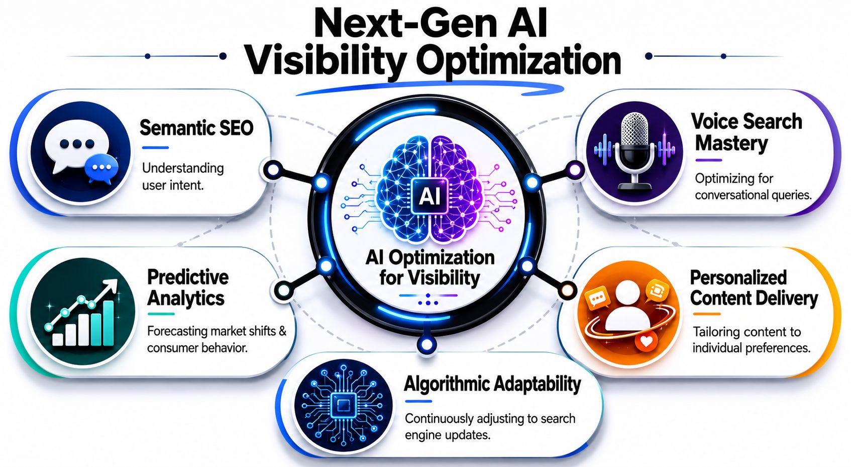 A diagram illustrating five key components of next-generation AI visibility optimization for modern digital marketing strategies.