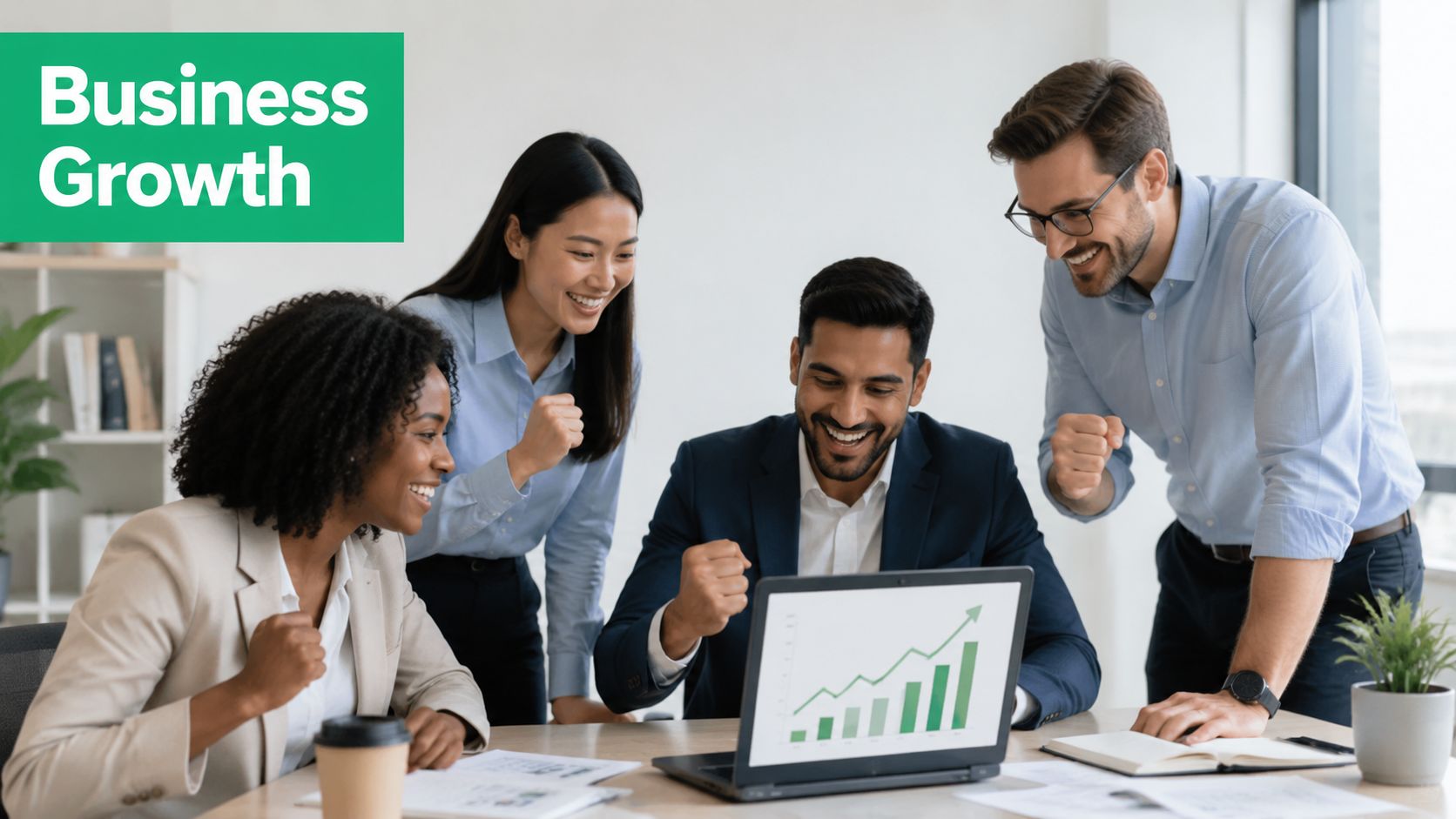 A diverse team of business professionals celebrating success while looking at a growth chart on a laptop.