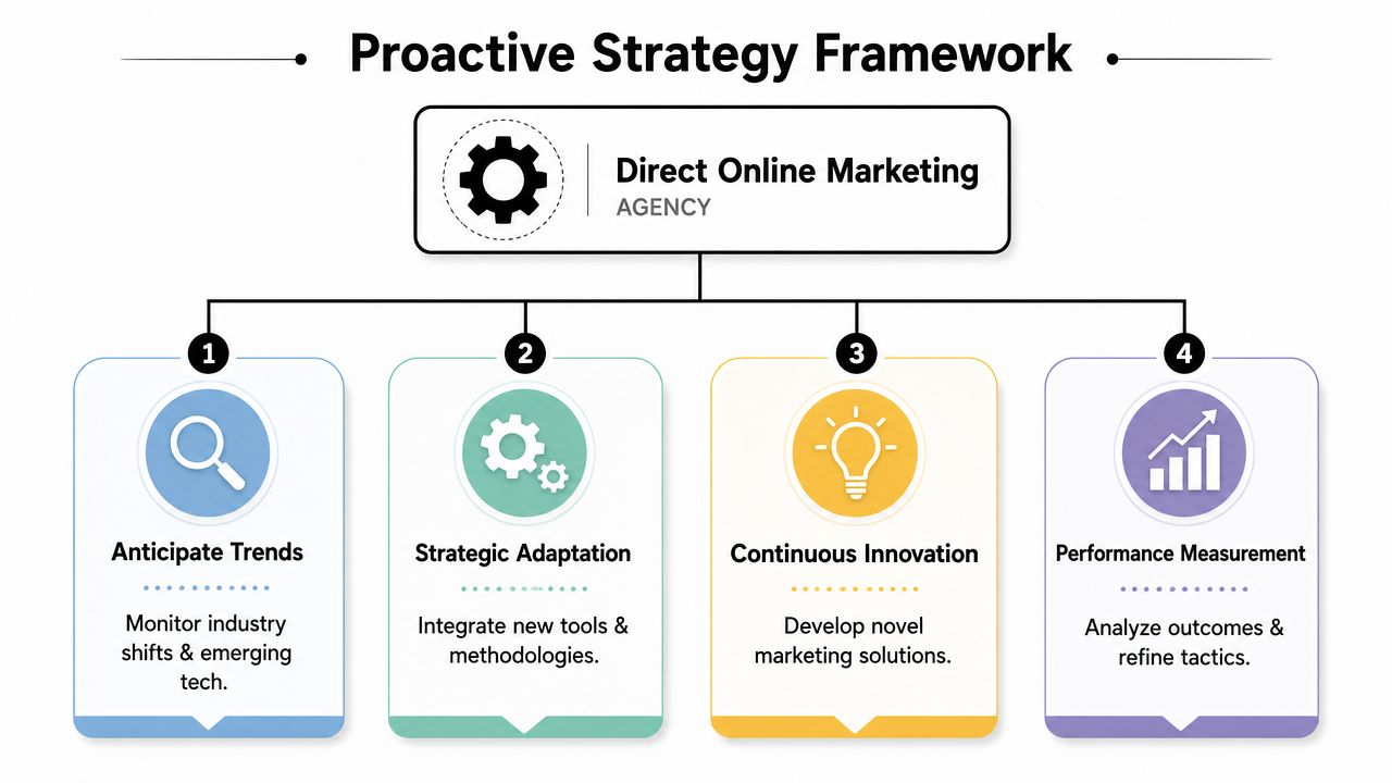 A diagram outlining a proactive strategy framework for a direct online marketing agency with four key steps.