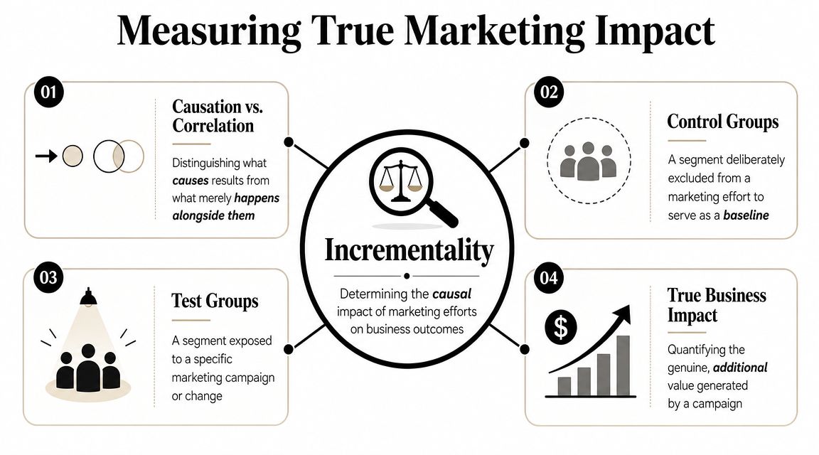 A diagram explaining the concept of marketing incrementality, covering causation, control groups, test groups, and business impact.