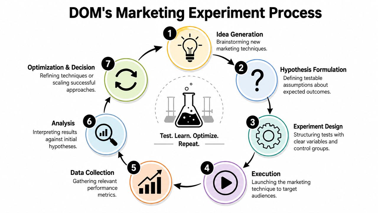 A circular process diagram showing seven steps of DOM's marketing experiment process from idea generation to optimization.