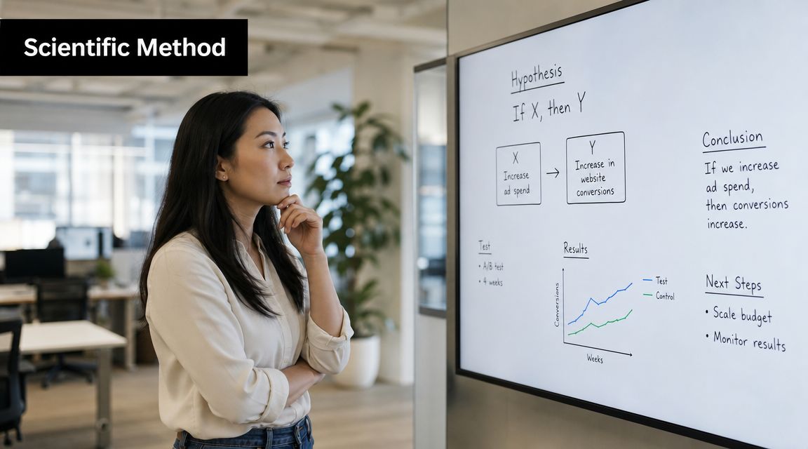 A professional woman looking at a digital whiteboard illustrating the scientific method for marketing experiments.