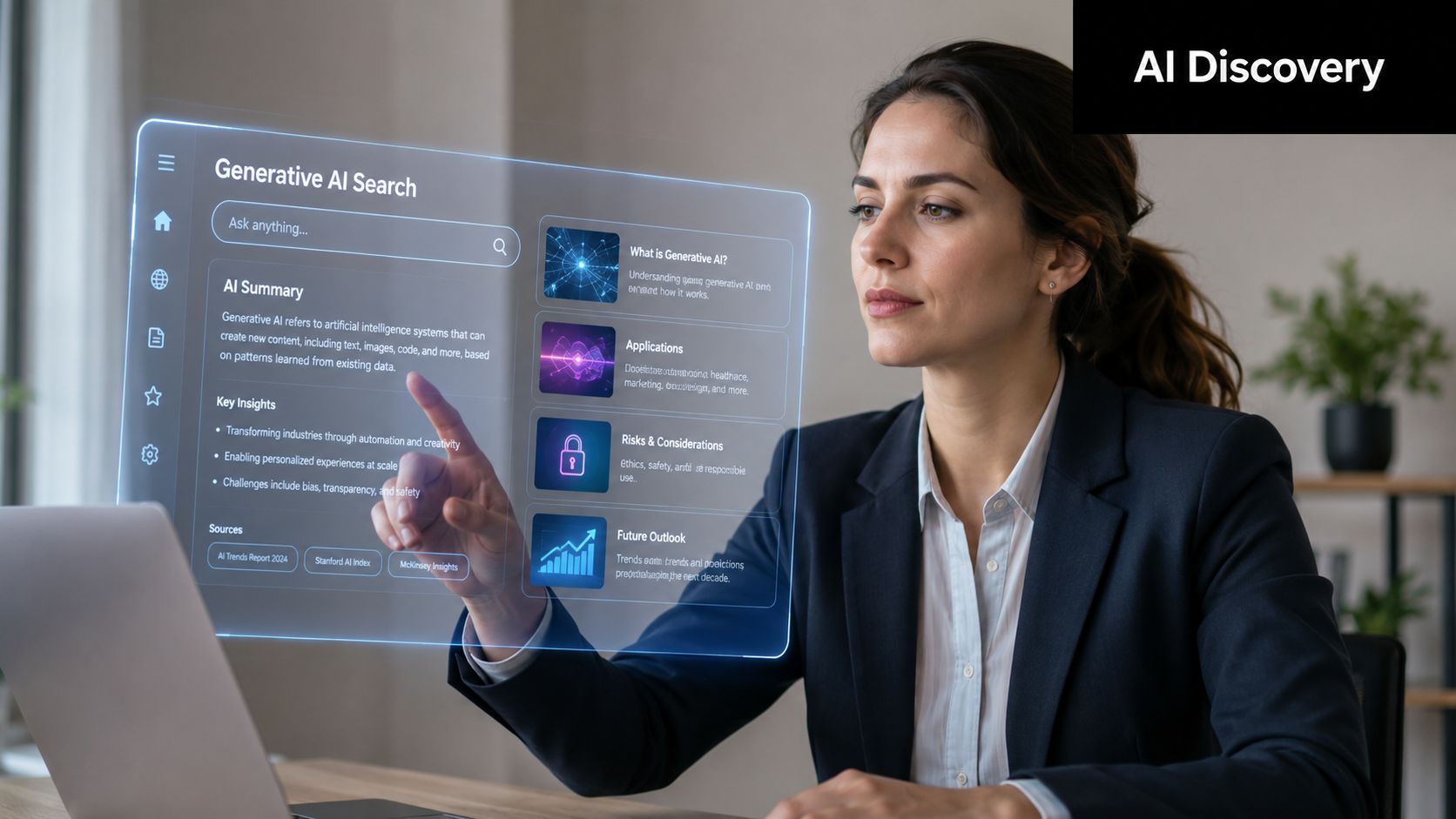 A professional woman interacting with a futuristic holographic digital interface displaying information about Generative AI.