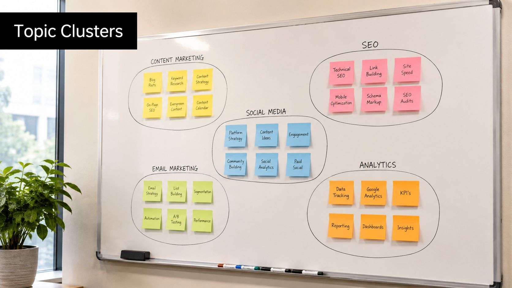 A whiteboard displaying various digital marketing strategy topic clusters organized by categories on sticky notes.