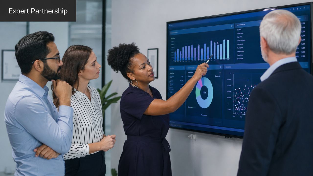 A professional team collaborating on business data analytics using an interactive digital dashboard in a modern office.