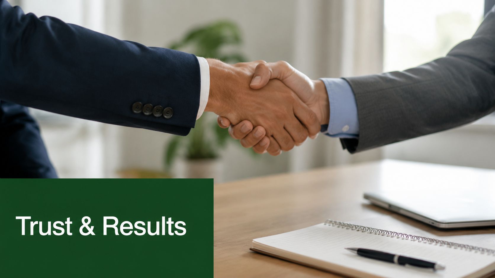Two professional business partners shaking hands over a wooden desk with a notebook and laptop nearby.