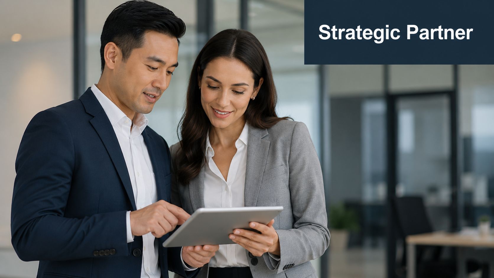 A professional man and woman in business attire looking at a tablet together in an office.