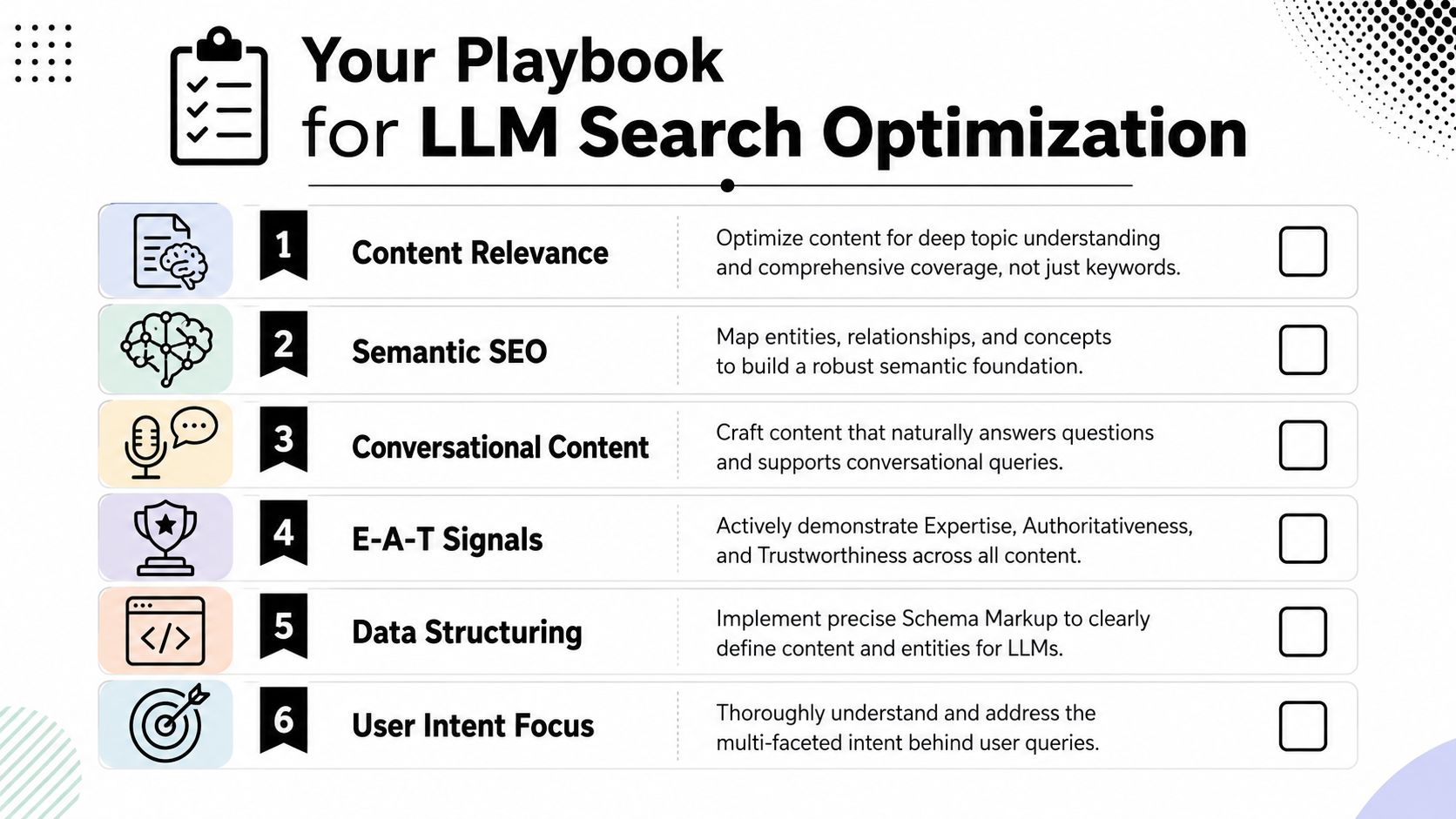 A checklist infographic titled Your Playbook for LLM Search Optimization with six strategic steps for improving website visibility.