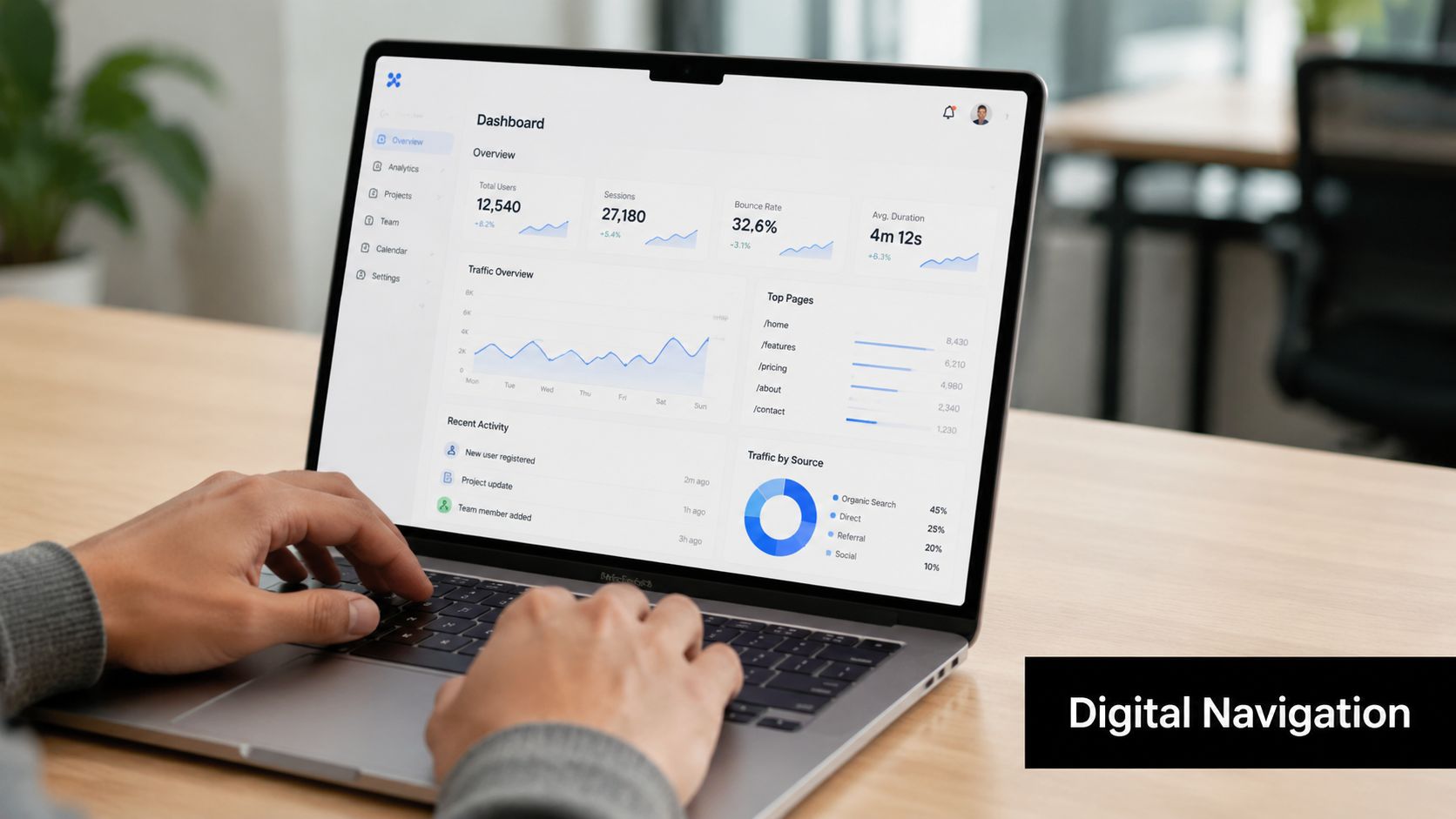 A person using a laptop to view a website dashboard displaying business analytics and website traffic data.