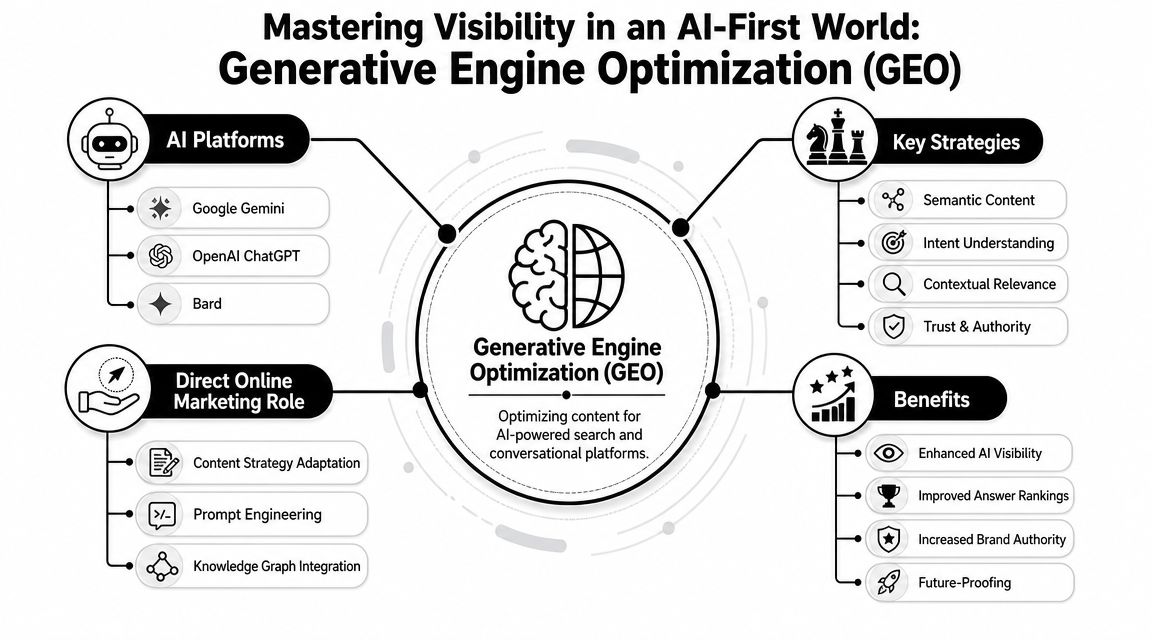 A diagram explaining Generative Engine Optimization (GEO) strategies, benefits, AI platforms, and online marketing roles.
