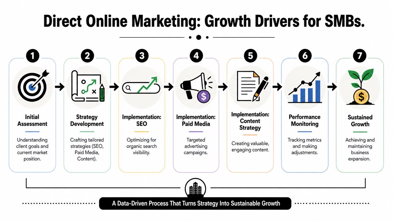 A flowchart showing seven steps of a direct online marketing process for small to medium businesses.
