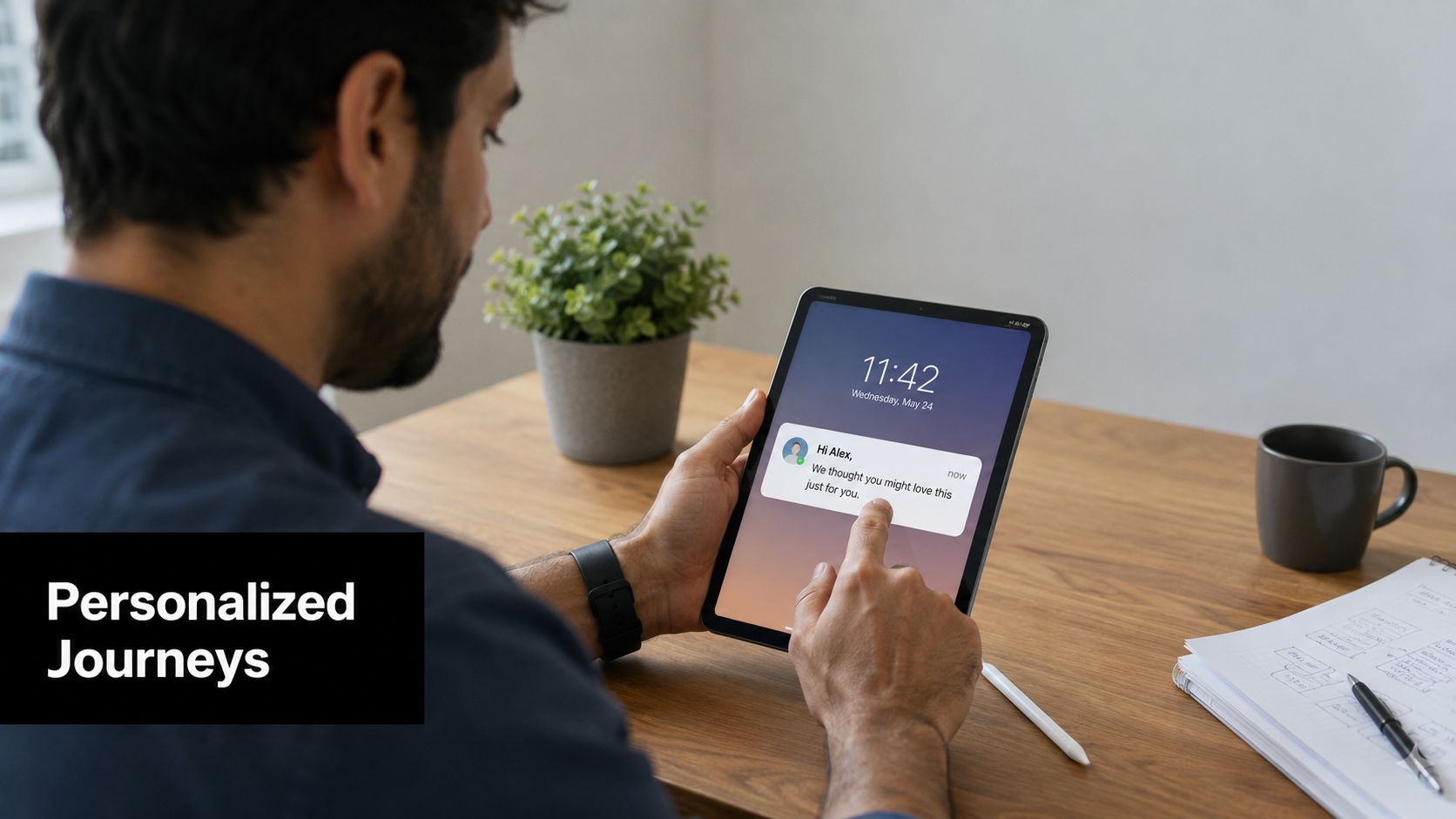 A man interacting with a personalized notification on a digital tablet at his workspace.
