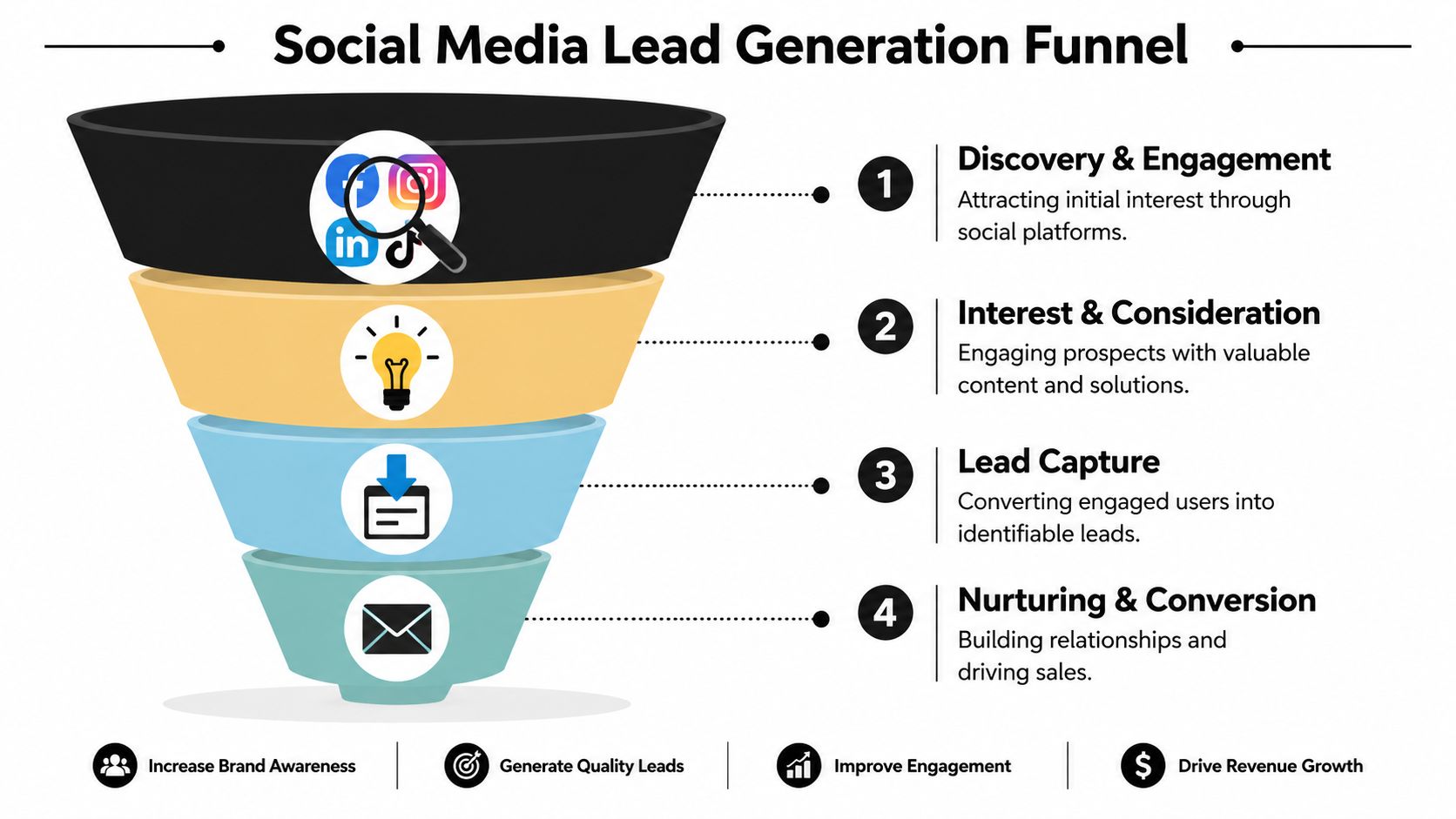 A four-stage marketing funnel diagram illustrating the process of social media lead generation for business growth.