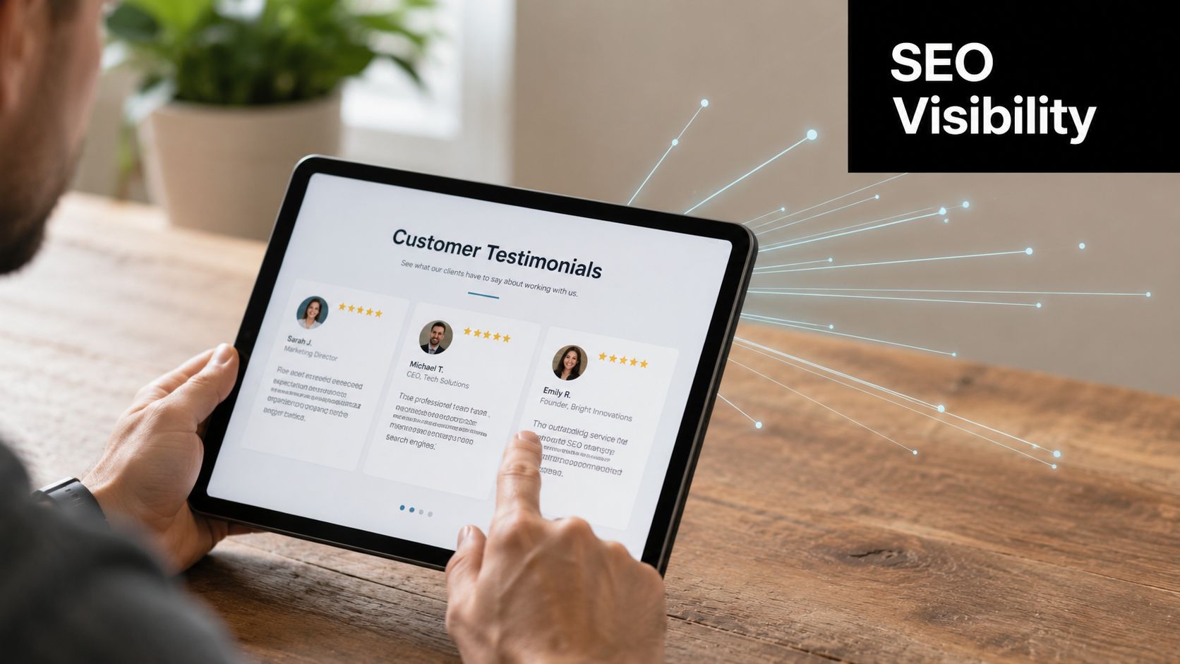 A person using a tablet to view customer testimonials for an SEO business service.