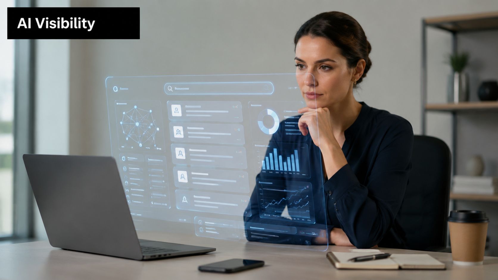 A professional woman looking thoughtfully at a holographic data dashboard floating above her office laptop.