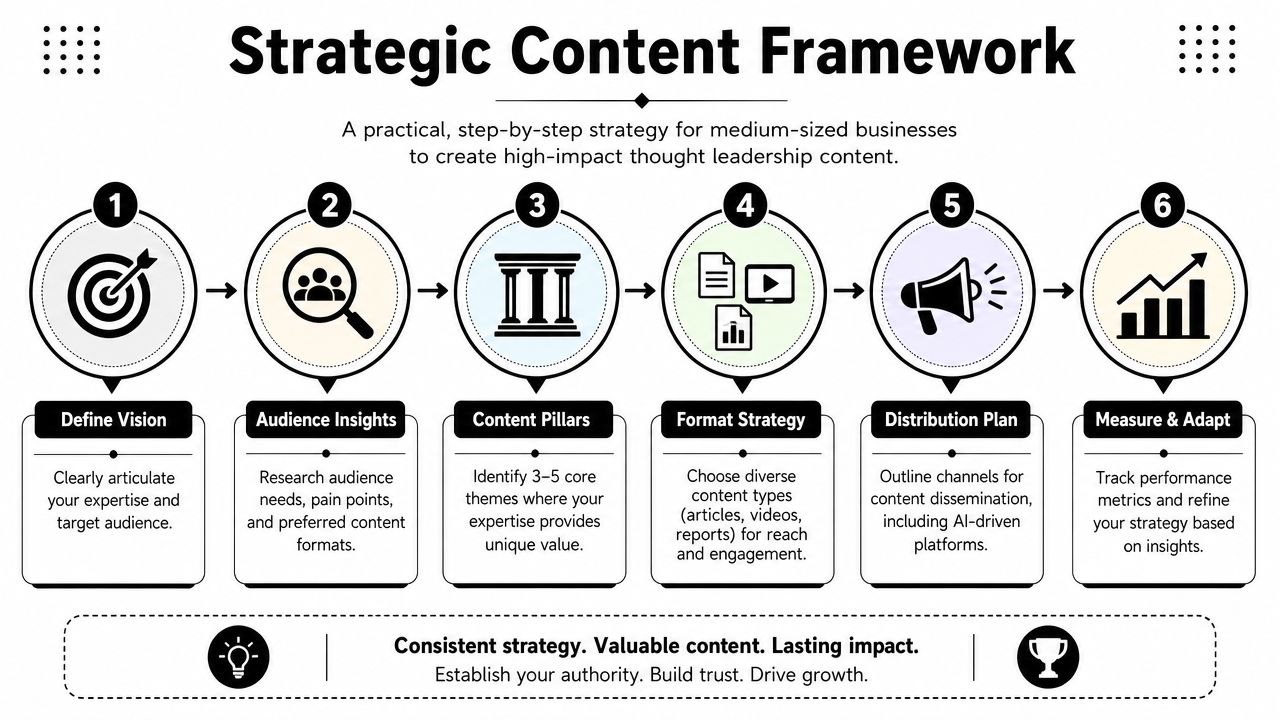A six-step infographic illustrating a strategic content framework for businesses to create high-impact thought leadership content.